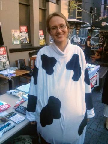 Cathy in a cow suit