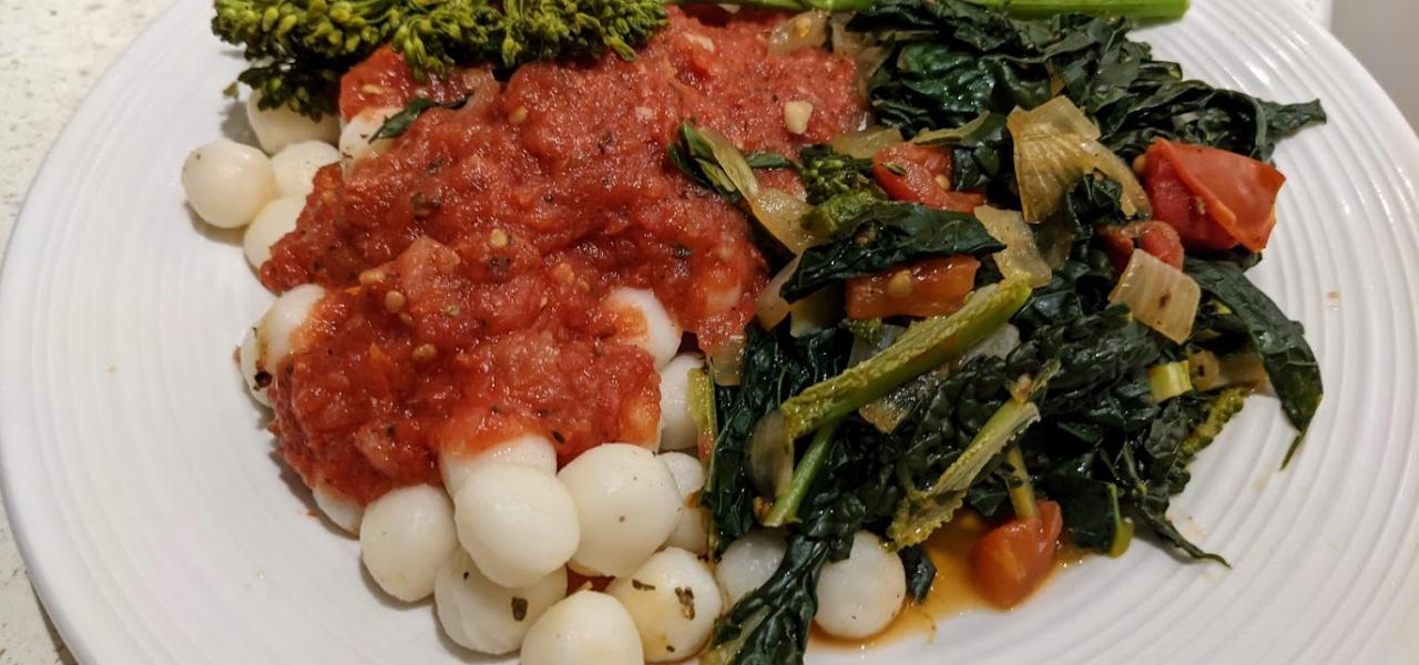 Baby gnocchi, with roasted pasta sauce, broccolini and kale greens.