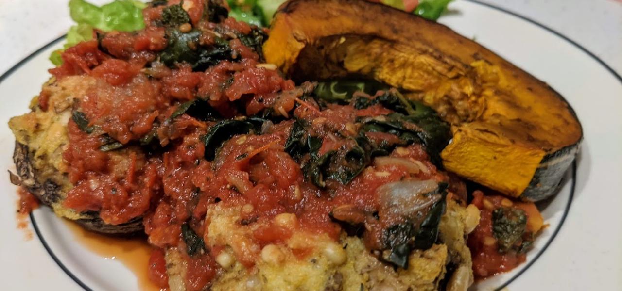 Stuffed mushrooms with pumpkin and side salad