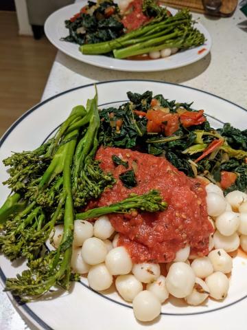 Baby gnocchi, with roasted pasta sauce, broccolini and kale greens.